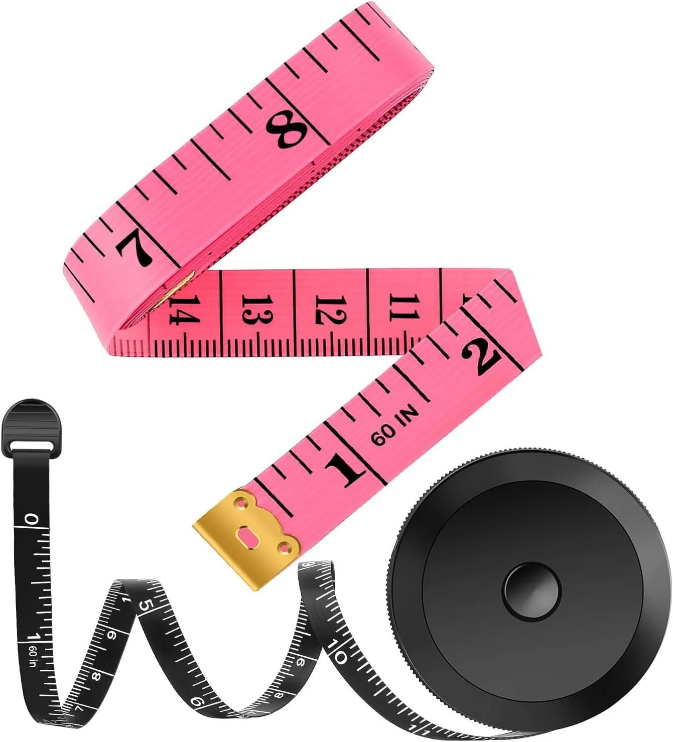 A collection of measuring tapes in pink and black, coiled and laid out on a white background, with a black circular object in the bottom right corner.