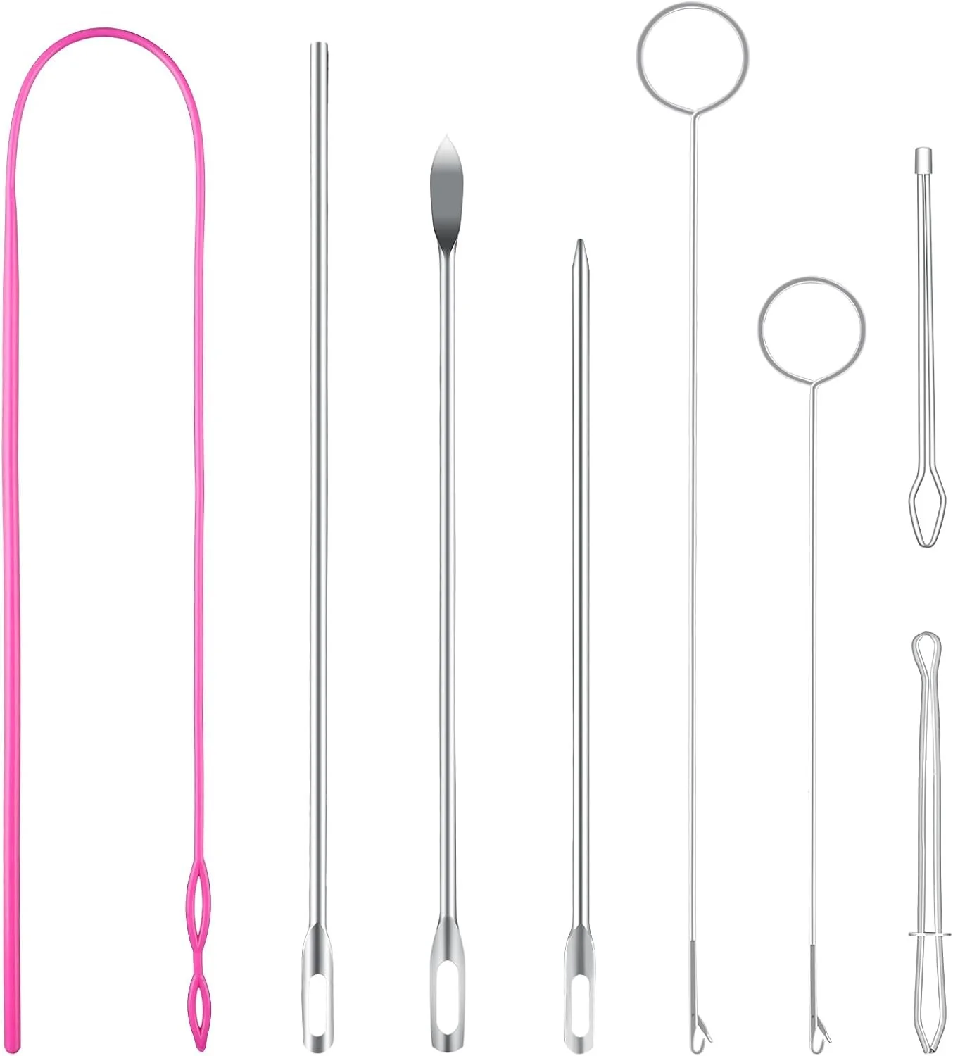 Six different types of medical or laboratory instruments, including a pink glass tube, stainless steel skewers, a needle with a plastic handle, a ring-shaped instrument, and a long metal instrument with a curved tip.