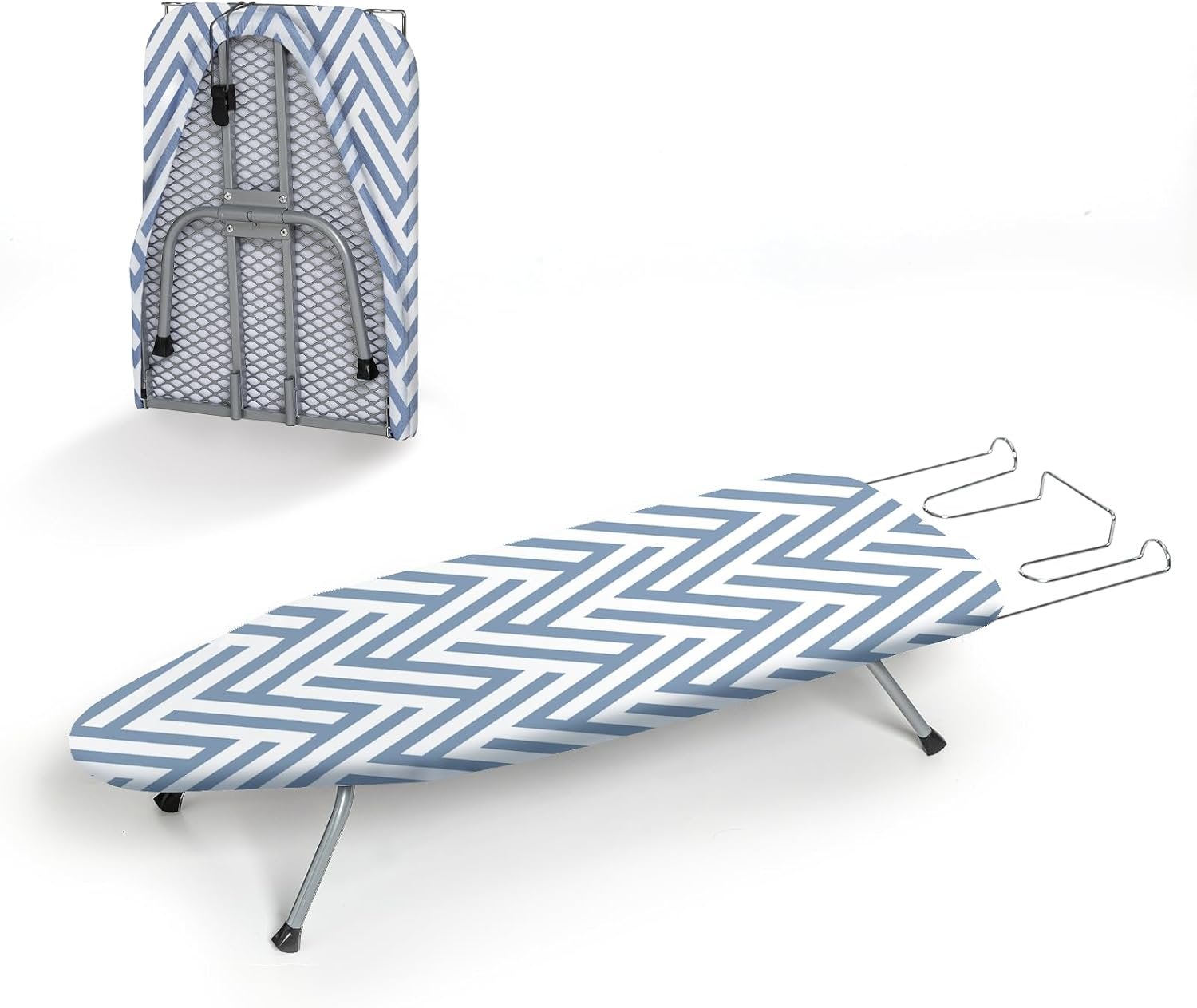 An ironing board with a blue and white geometric pattern covering the surface, set against a white background. The ironing board is shown in both unfolded and folded positions, with the folded version leaning against the unfolded one.
