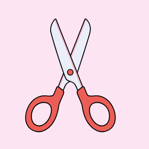 A pair of scissors with pink handles and open blades on a light pink background.