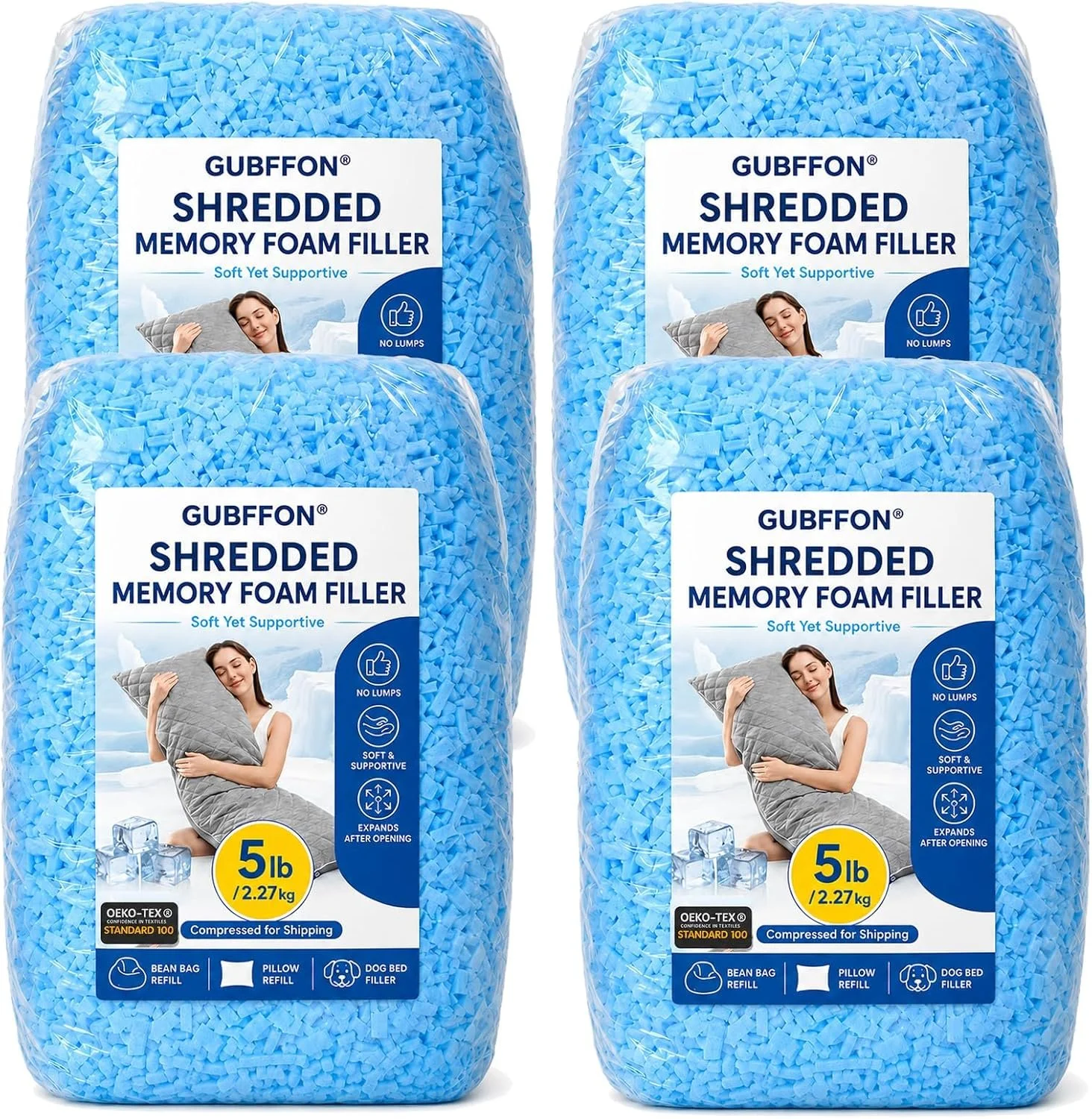 Two packages of GUBFON shredded memory foam filler, each weighing 5 pounds. The packaging is blue with images of a woman hugging a pillow, and icons indicating no lumps, soft and supportive foam, and expansion after opening. The label highlights that it is compressed for shipping and suitable for bean bag refills, pillow refills, and dog bed fillers.