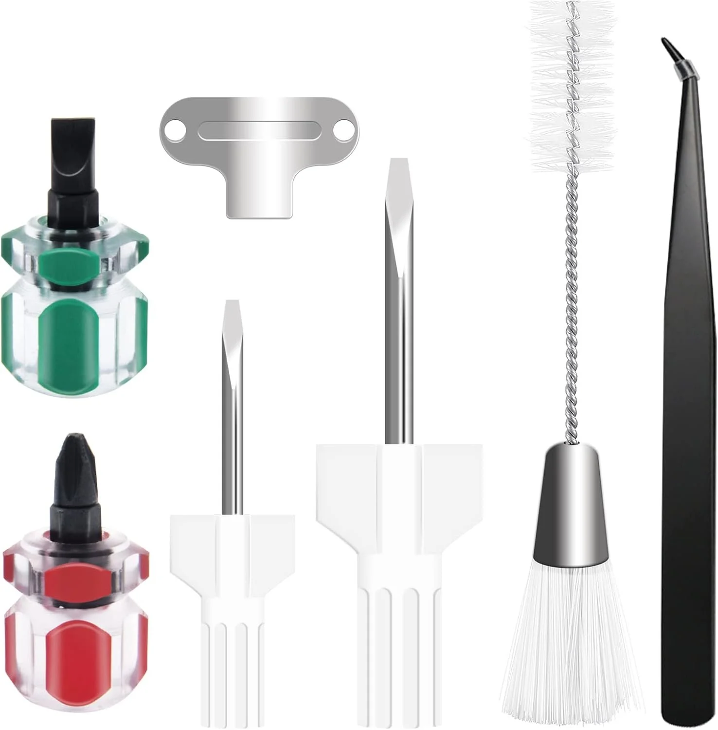 Collection of dental tools including a black and red dental syringe, a green and silver dental drill with a black tip, a white dental mirror, a dental pick, a flexible wire brush, and a black dry angle clamp, arranged vertically against a white background.