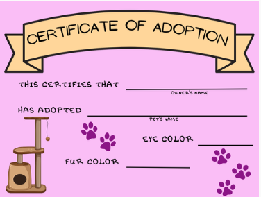 free stuffed animal adopotion certificate