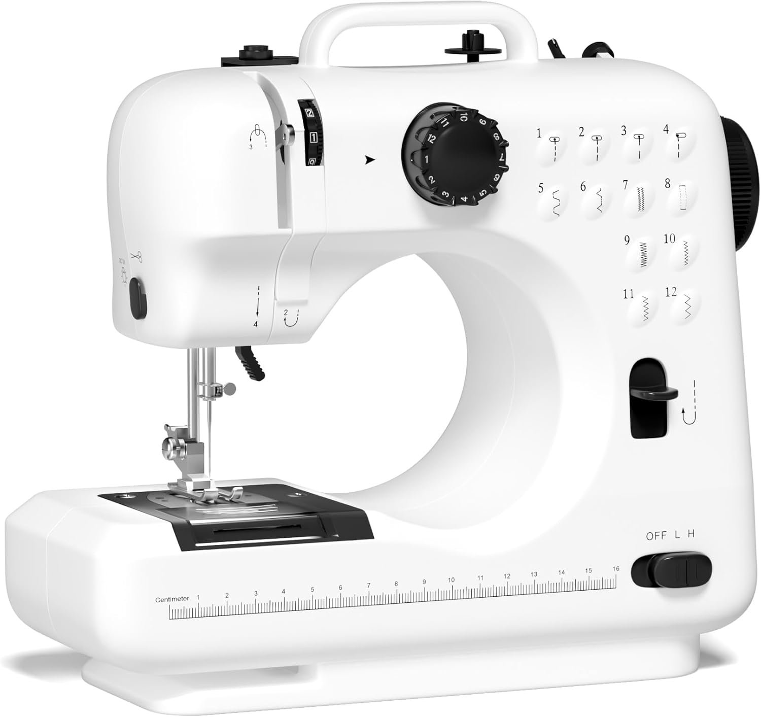 White sewing machine with various control dials, a ruler on the base, and a needle and presser foot mechanism.