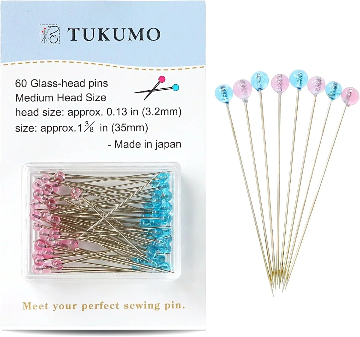 Package of 60 glass-head sewing pins with pink and blue heads, displayed alongside a few pins with colored heads.