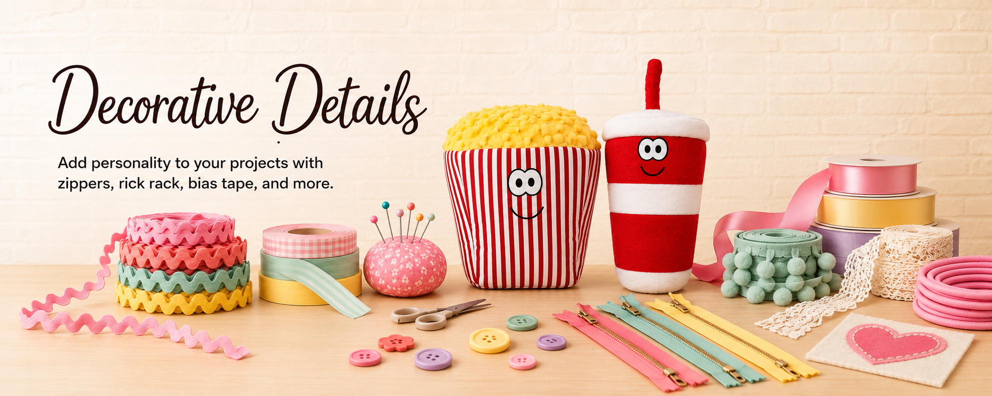 Display of colorful decorative craft materials including ribbons, buttons, zippers, and plush toys with smiley faces, on a wooden table against a white brick wall, promoting decorative details for projects.