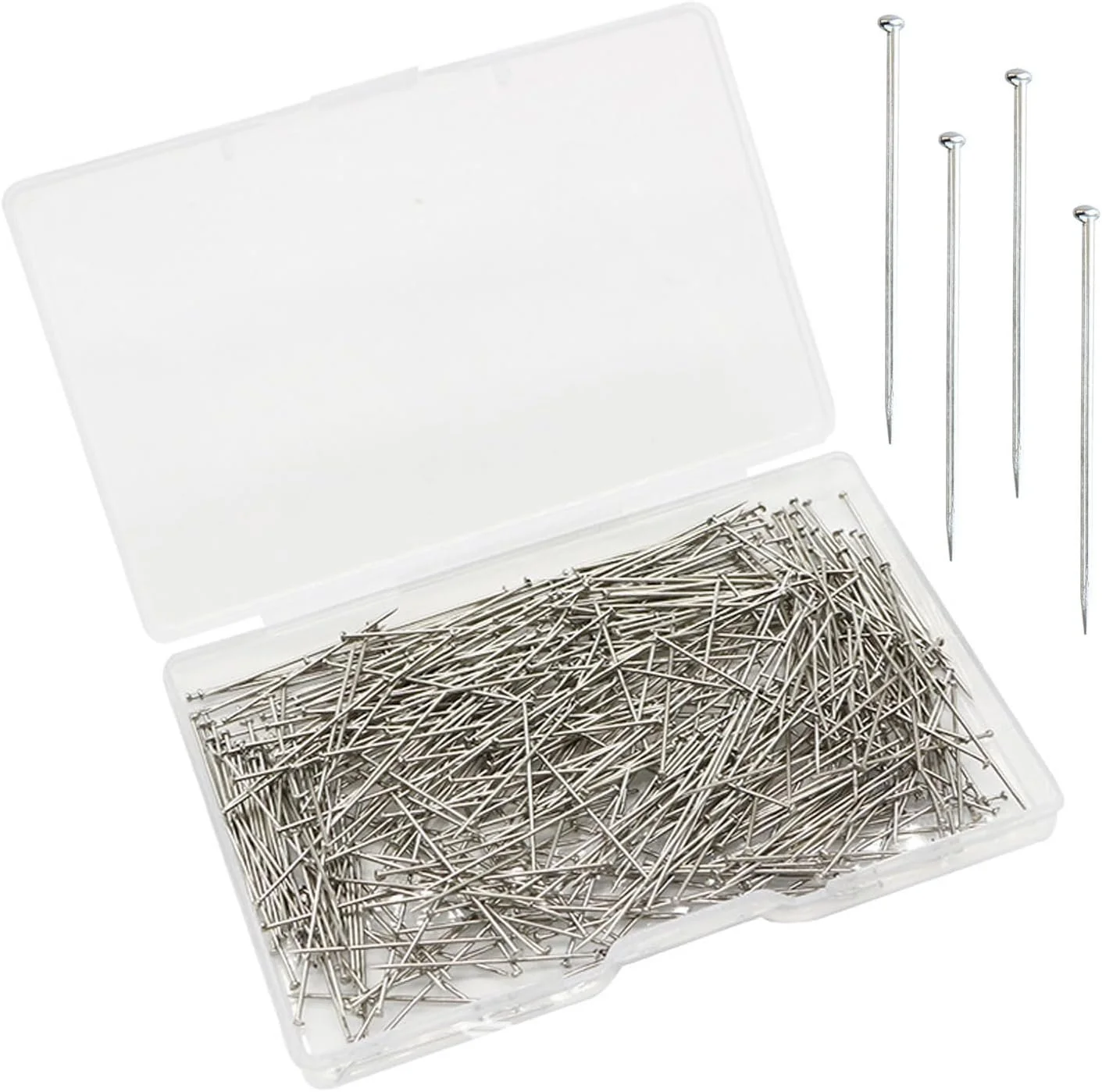 A plastic storage box filled with sewing pins, with a few pins outside the box.
