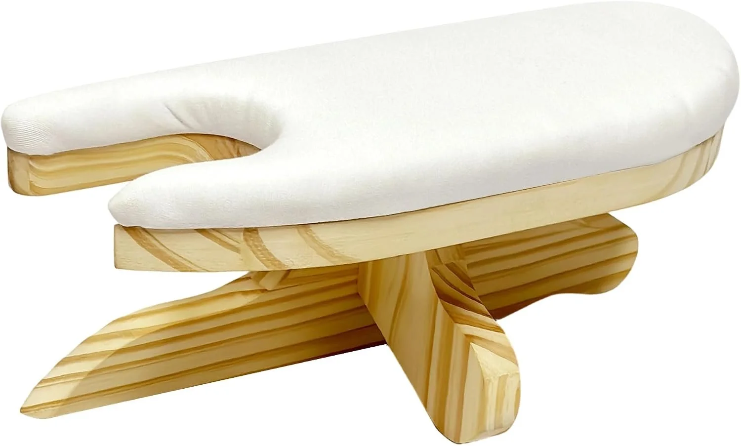 A wooden model of an airplane with a white padded seat on top, resembling a toy or decorative piece.