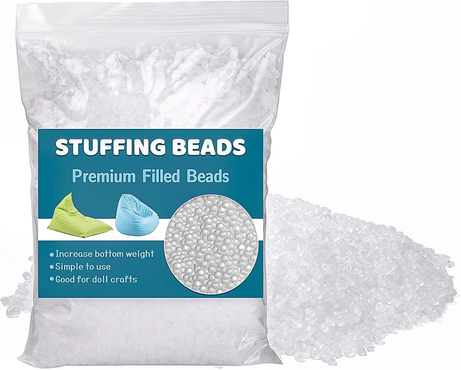 A clear plastic bag containing white stuffing beads, with a blue label that reads "Stuffing Beads Premium Filled Beads". The label features an illustration of a green beanbag chair, a blue beanbag, and a circular close-up of the beads. The bag is open, with some beads spilled out to the side.