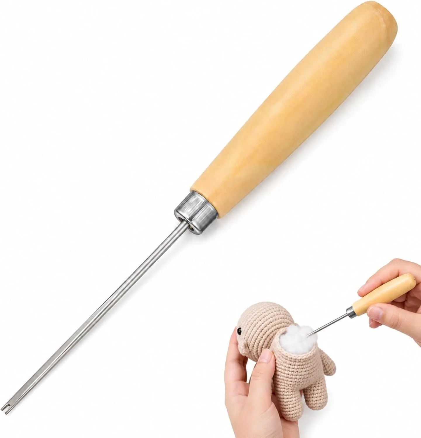 Person using a long needle to stuff white fiber into a small knitted plush toy bear, with a wool roving in the background.
