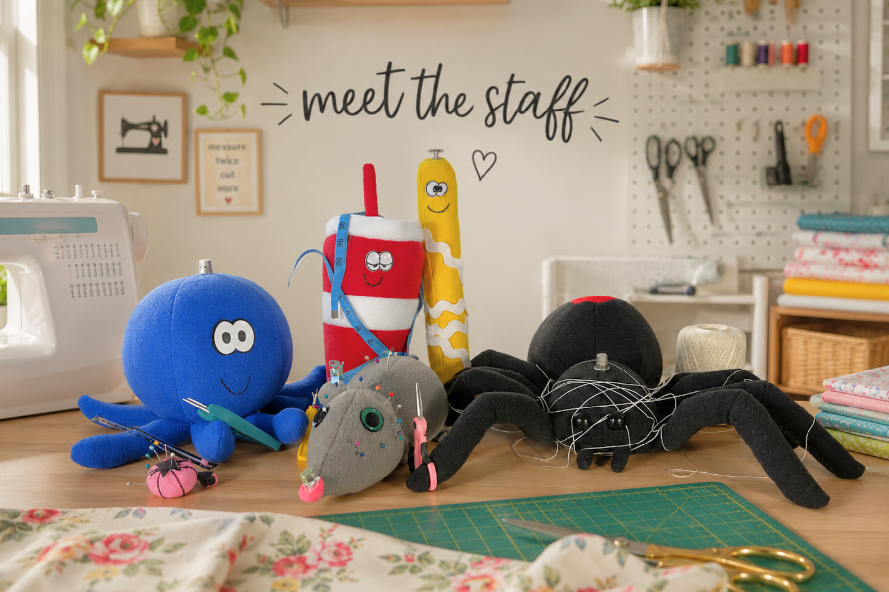 A sewing workspace with plush toys and sewing supplies on a table, including a blue plush ball with the number 8, a gray stuffed spider with pins, and a yellow plush hot dog. There are sewing tools like scissors, a tape measure, and a pin cushion. In the background, a wall with sewing scissors, thread, and fabric is visible, along with a sign that reads 'meet the staff' and framed pictures.