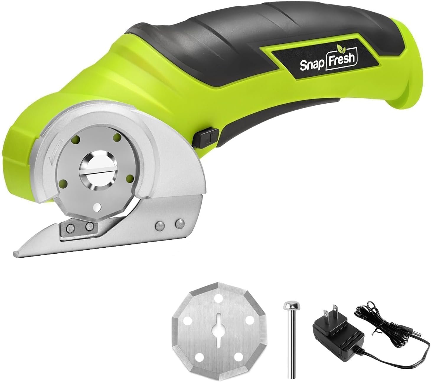 A Snap Fresh electric can opener with a green and black plastic body, a silver cutting wheel, and a power cord, along with additional parts including a cutting blade, a screw, a calibration tool, an Allen wrench, and a power adapter.