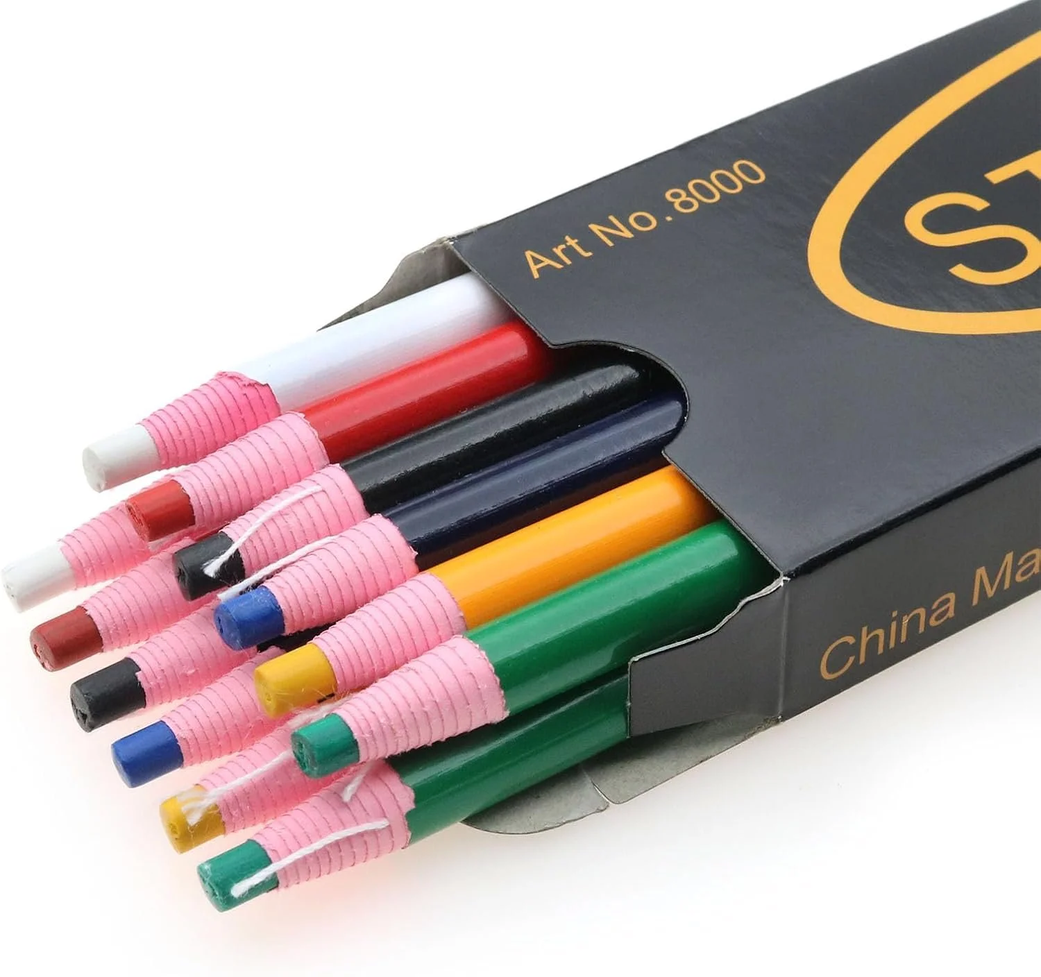 Colorful chalk sticks in a black cardboard box, labeled 'Art No: 8000', with pink thread at the ends of each chalk piece.