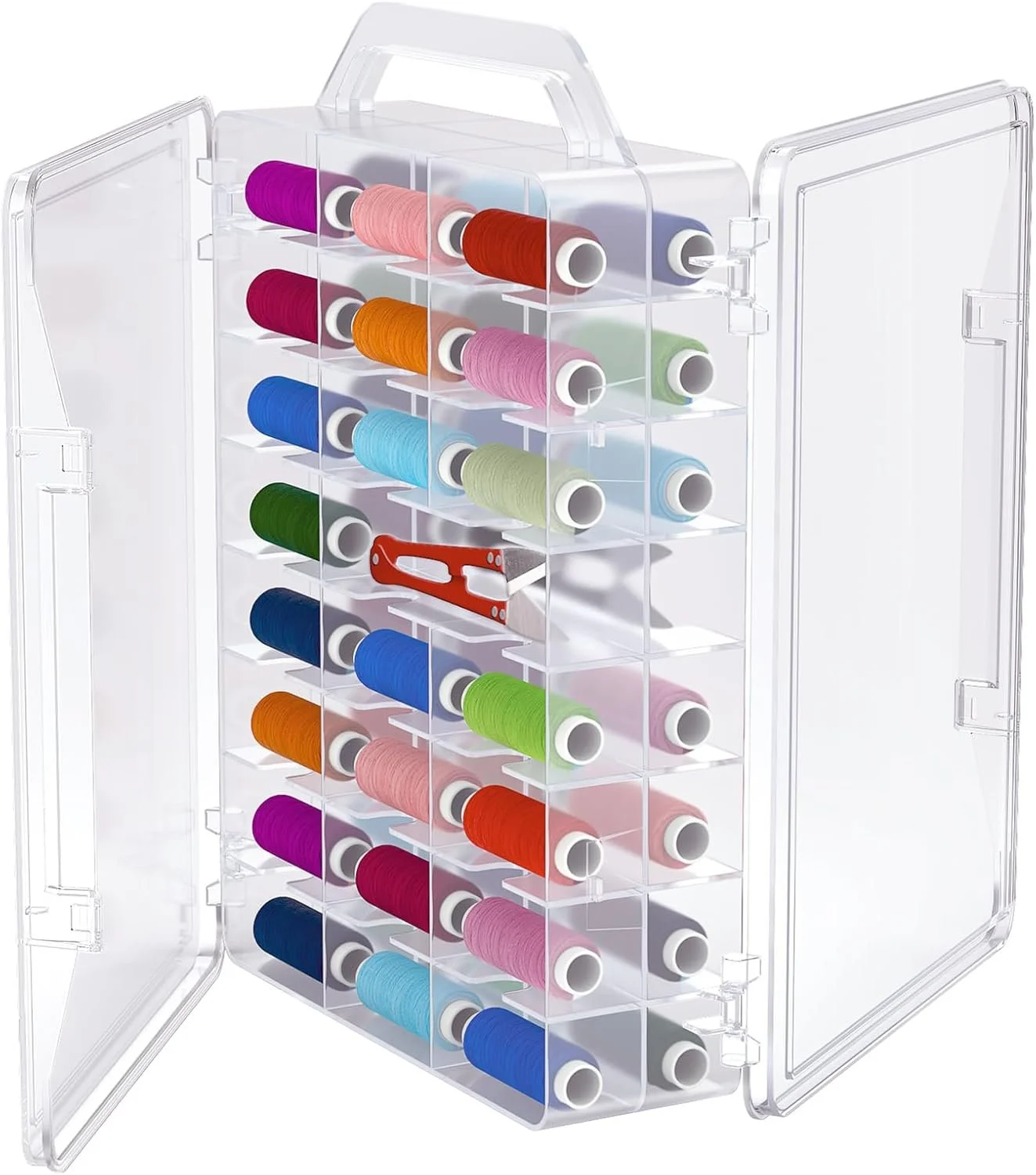 Clear plastic sewing thread organizer box filled with colorful spools of thread arranged in rows.