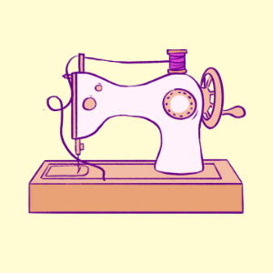 An illustration of a vintage sewing machine on a wooden base, drawn in purple and pink colors.