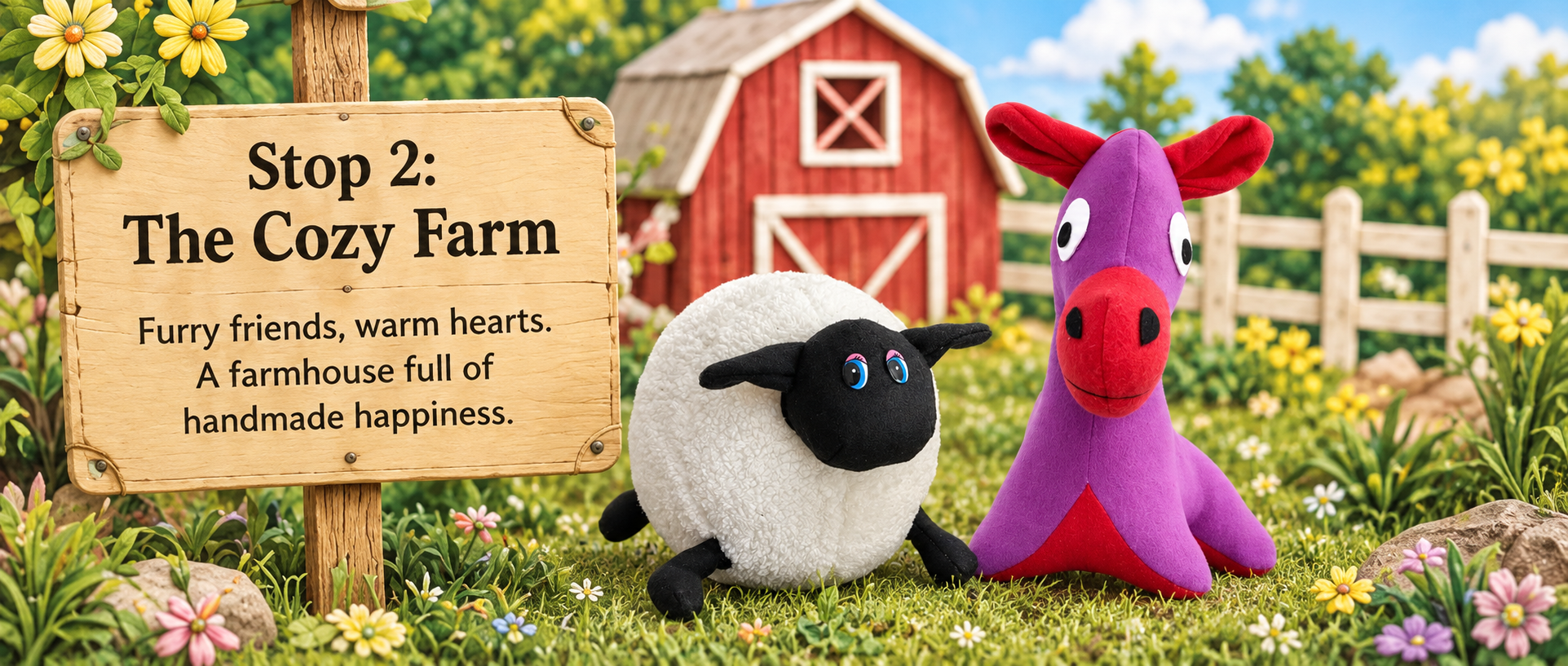 plush sheep and horse patterns on a cozy farm