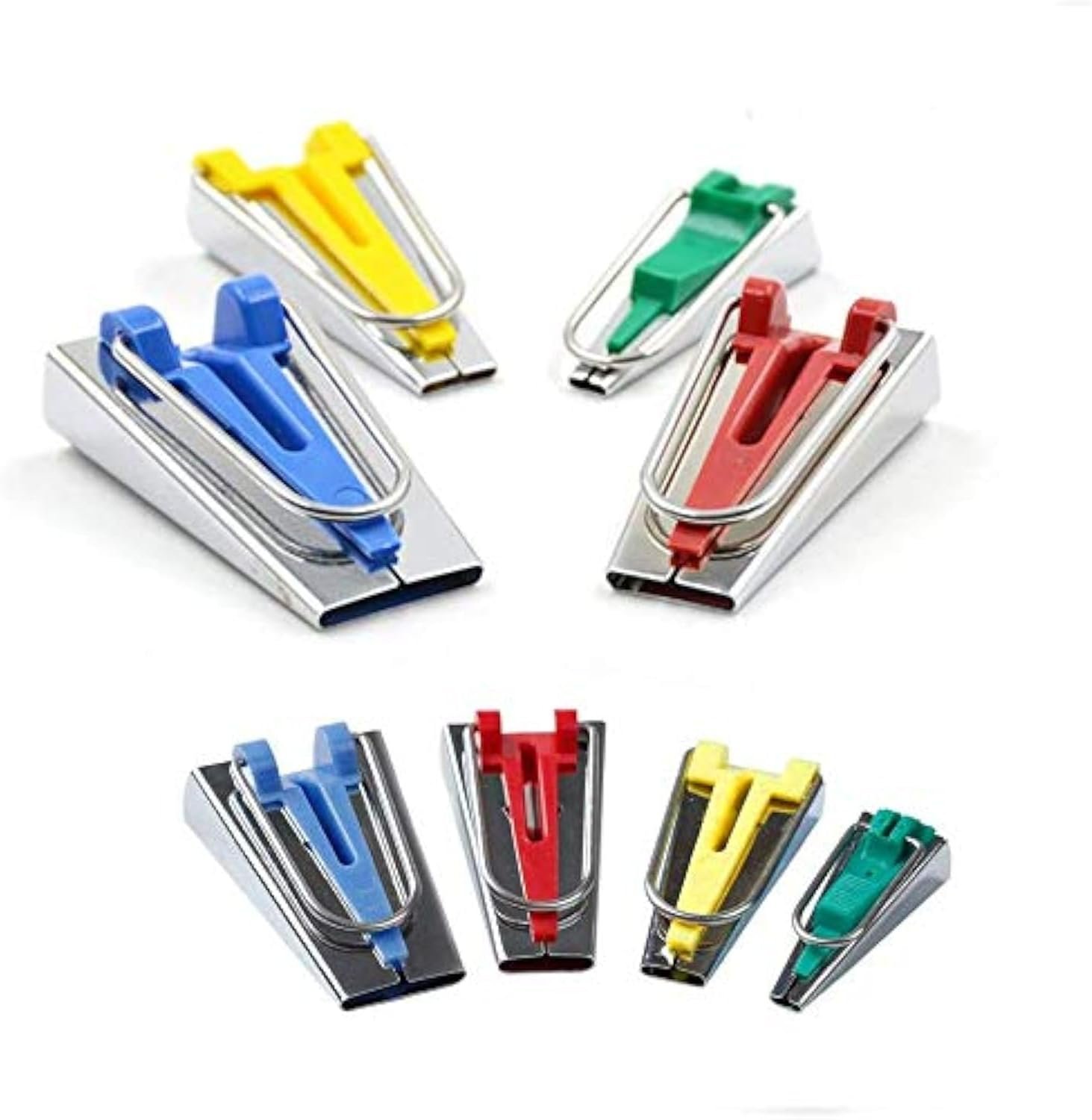 A collection of colorful staplers in yellow, green, red, blue, and black, organized in rows on a white background.