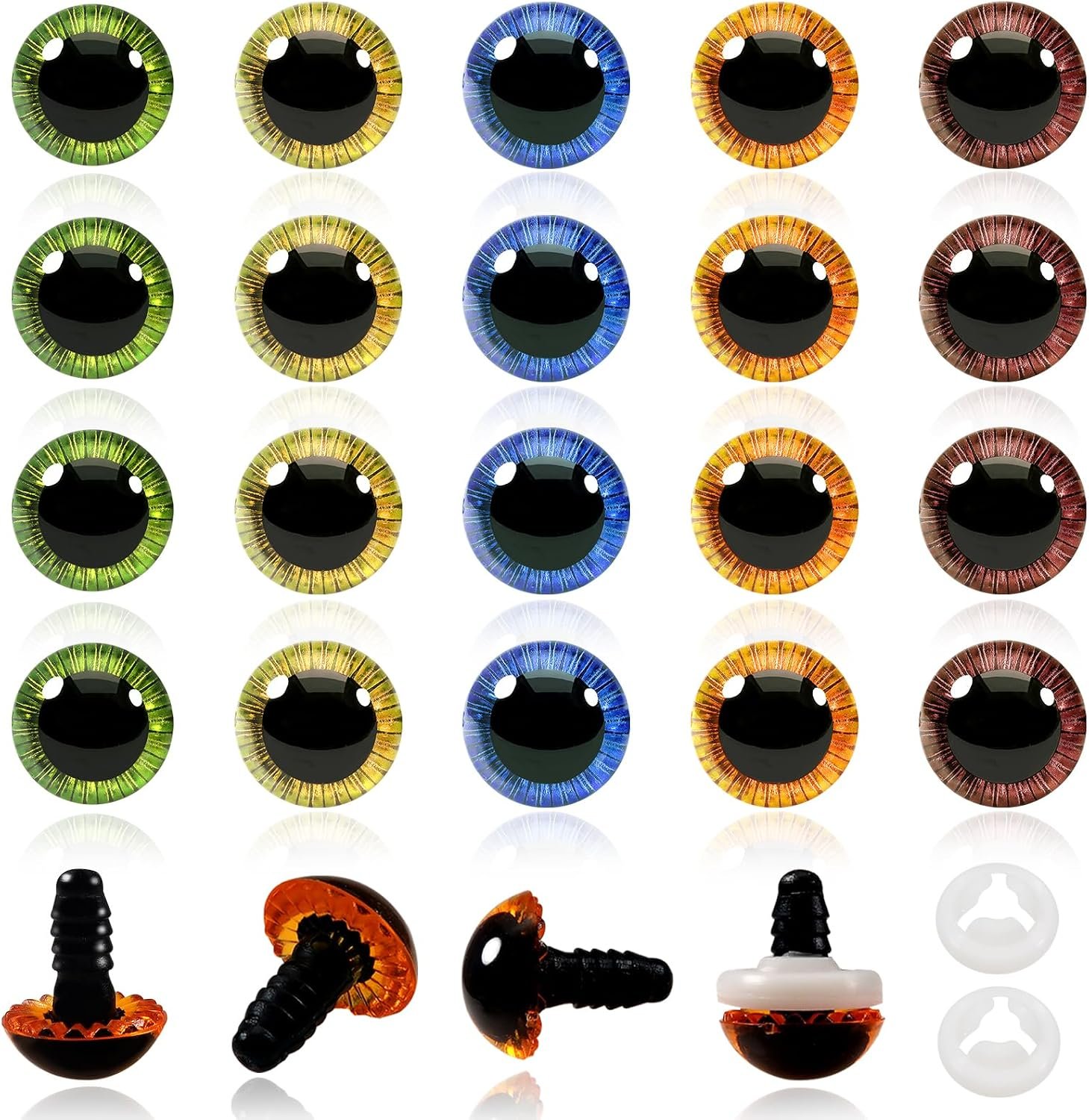 Colorful dog eyes with black pupils and vibrantly-colored iris patterns, along with four small screws and mounting components below.