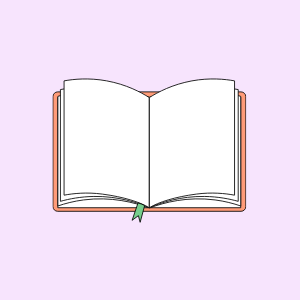 Open book with blank pages and a green bookmark on a purple background.