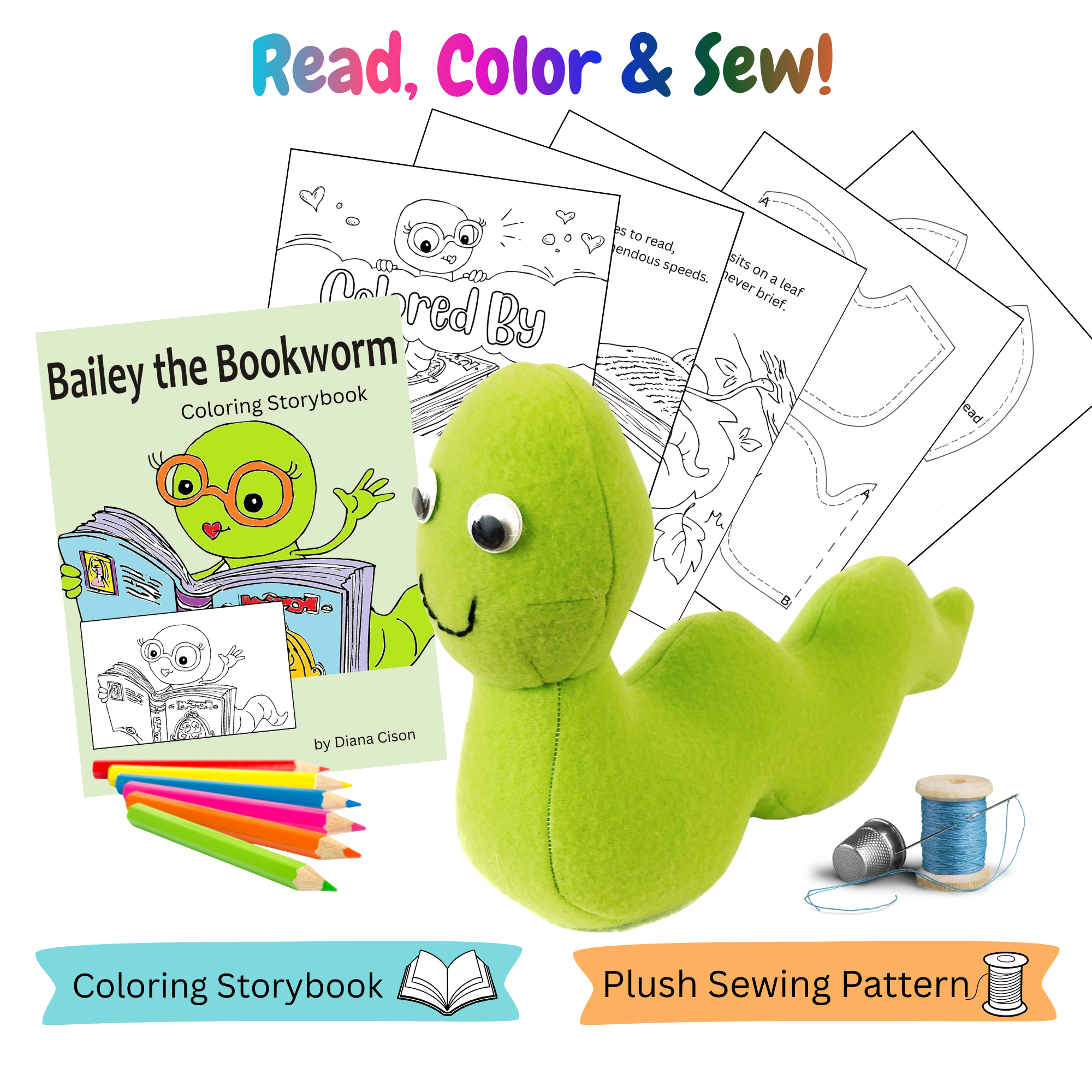 Bookworm Pattern with Coloring Storybook