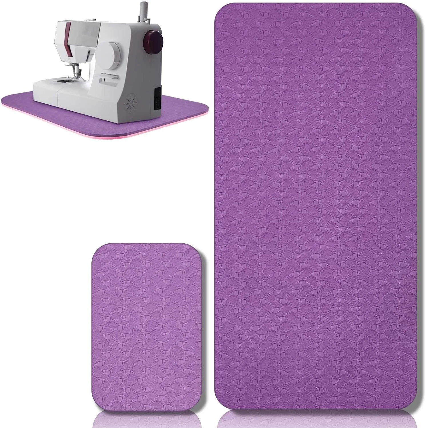 A sewing machine and three purple yoga or exercise mats with a subtle fish scale pattern, one large and two smaller, all set against a white background.