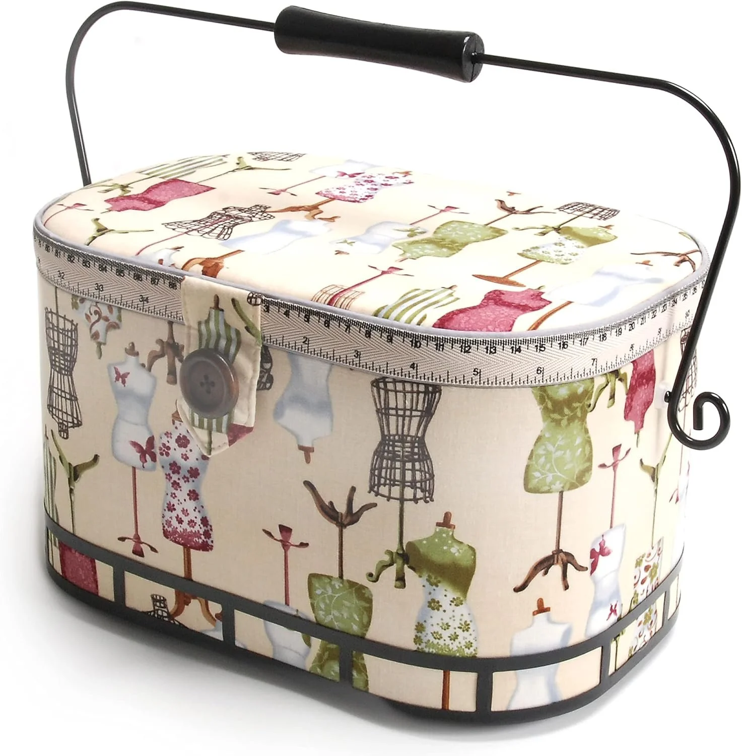 A fabric-covered storage box with a pattern of dress mannequins and dress forms, topped with a black measuring tape, serving as a handle.
