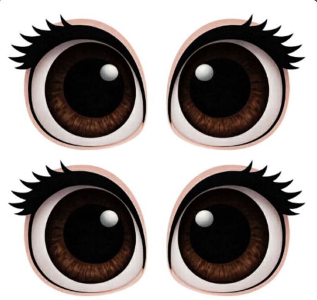 A cartoon illustration of four large, dark brown eyes with long eyelashes, arranged in a 2x2 grid.
