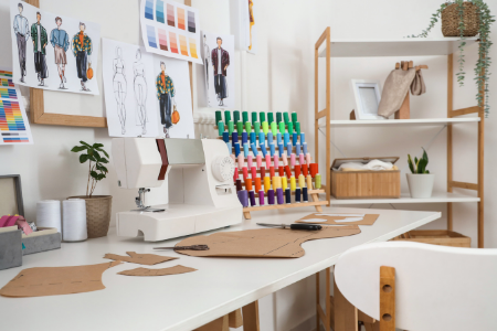 Fashion design workspace with sketches, fabric swatches, spools of thread, and sewing machine on a white table, with shelving and plants in the background.