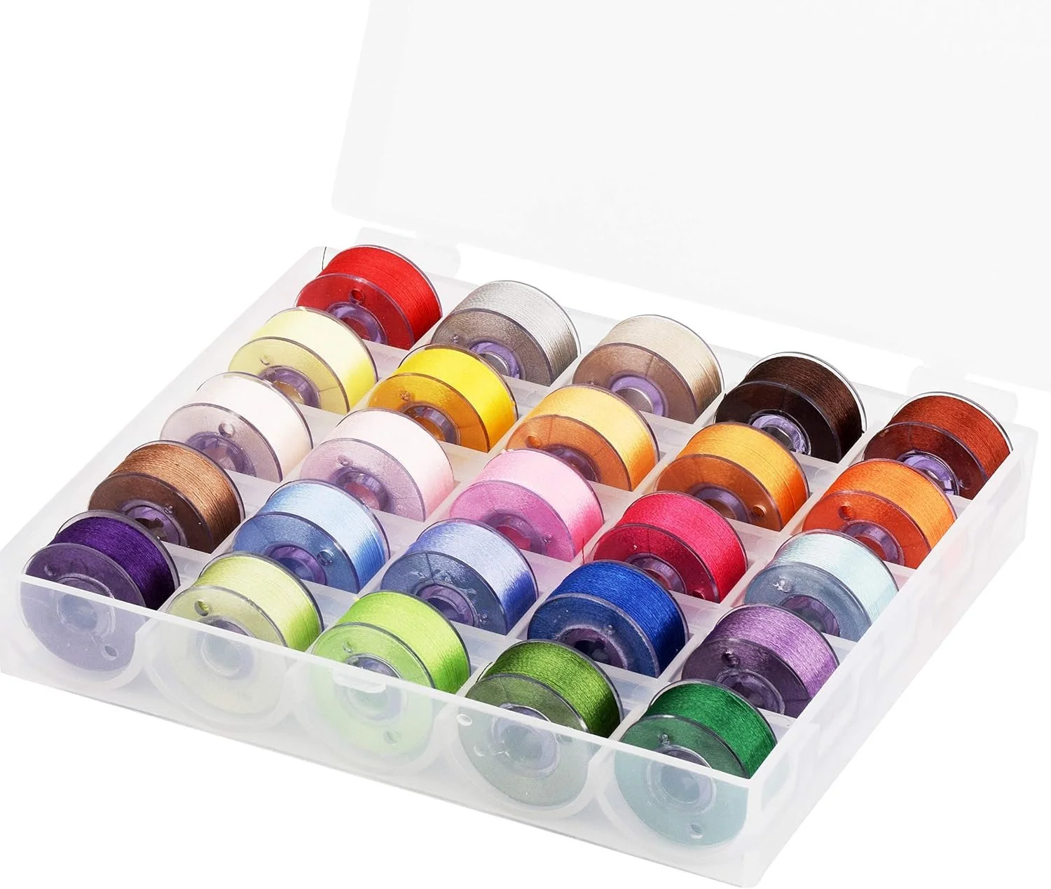 A plastic box containing 24 spools of colorful embroidery thread arranged in four rows and six columns.
