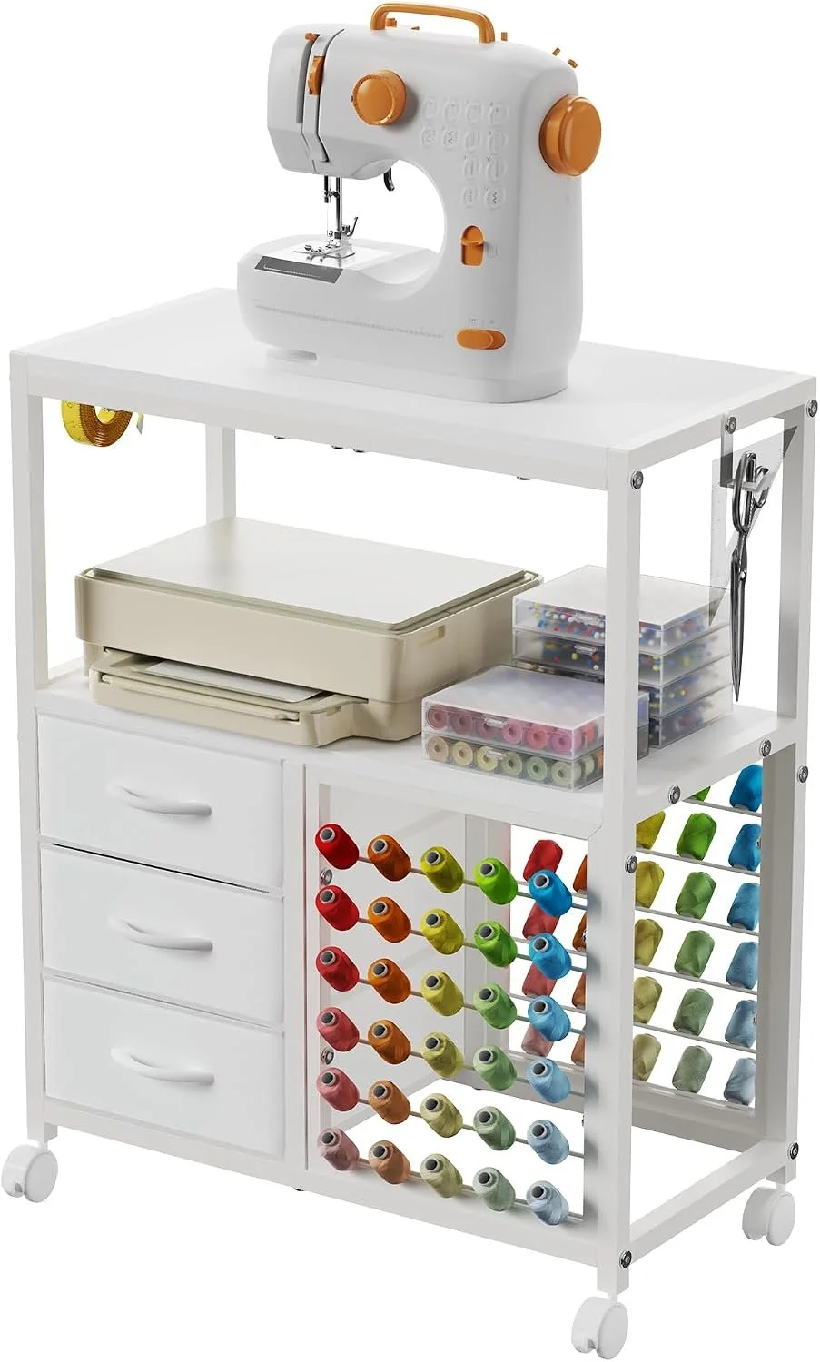 A white rolling craft cart with various sewing supplies, including a mini sewing machine on top, colored spools of thread on the side, organized storage bins with crafting materials, and drawers for additional storage.