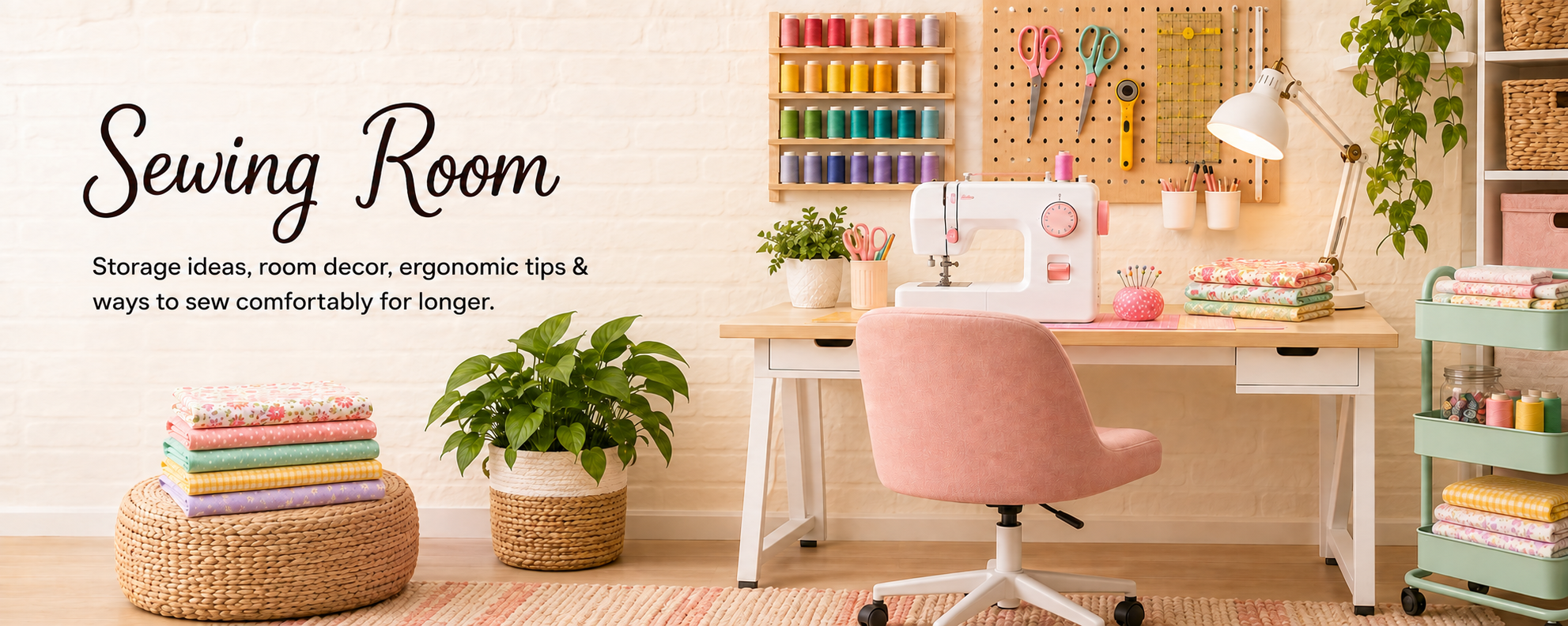 A well-organized sewing room with a white desk, pink chair, sewing machine, and shelves with colorful fabrics, thread spools, scissors, and other sewing tools. There are plants and storage baskets, with a wall-mounted pegboard holding scissors, a ruler, and other items.