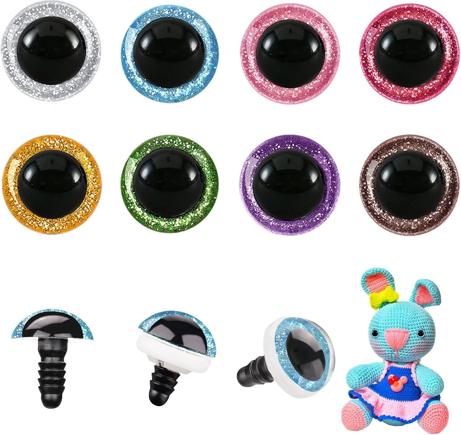 Colorful, glittery artificial eyes in various colors arranged in rows, along with some nail art decorations and a knitted plush toy mouse with a pink nose and a dress.