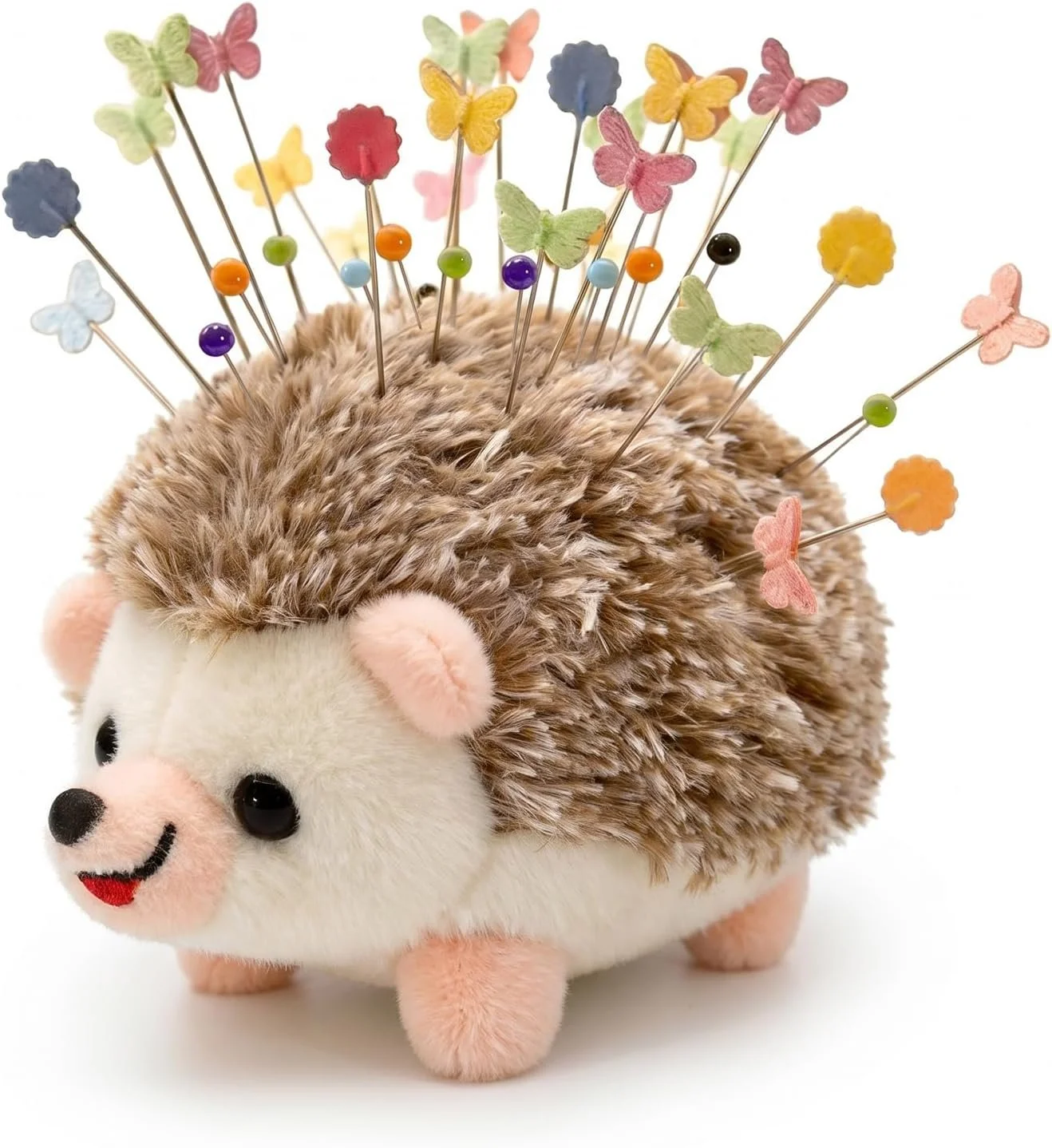A plush hedgehog with butterfly and flower-shaped pins on its back