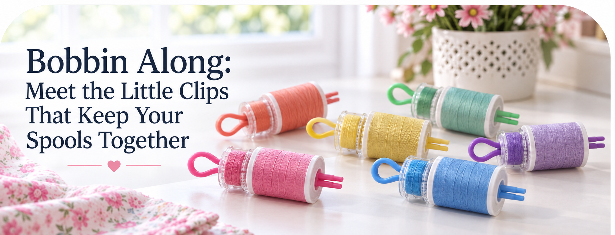 Colorful Bobbin Buddies holding matching thread spools and bobbins together on a sewing desk