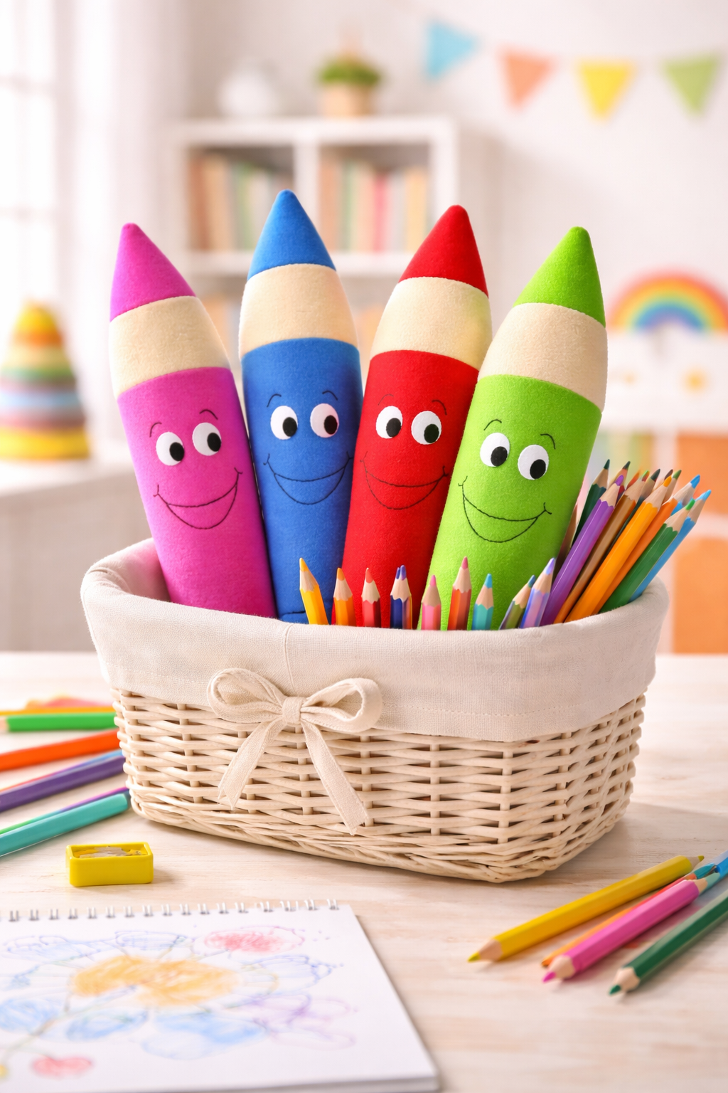 plush pencils in pencil cup on teacher's desk