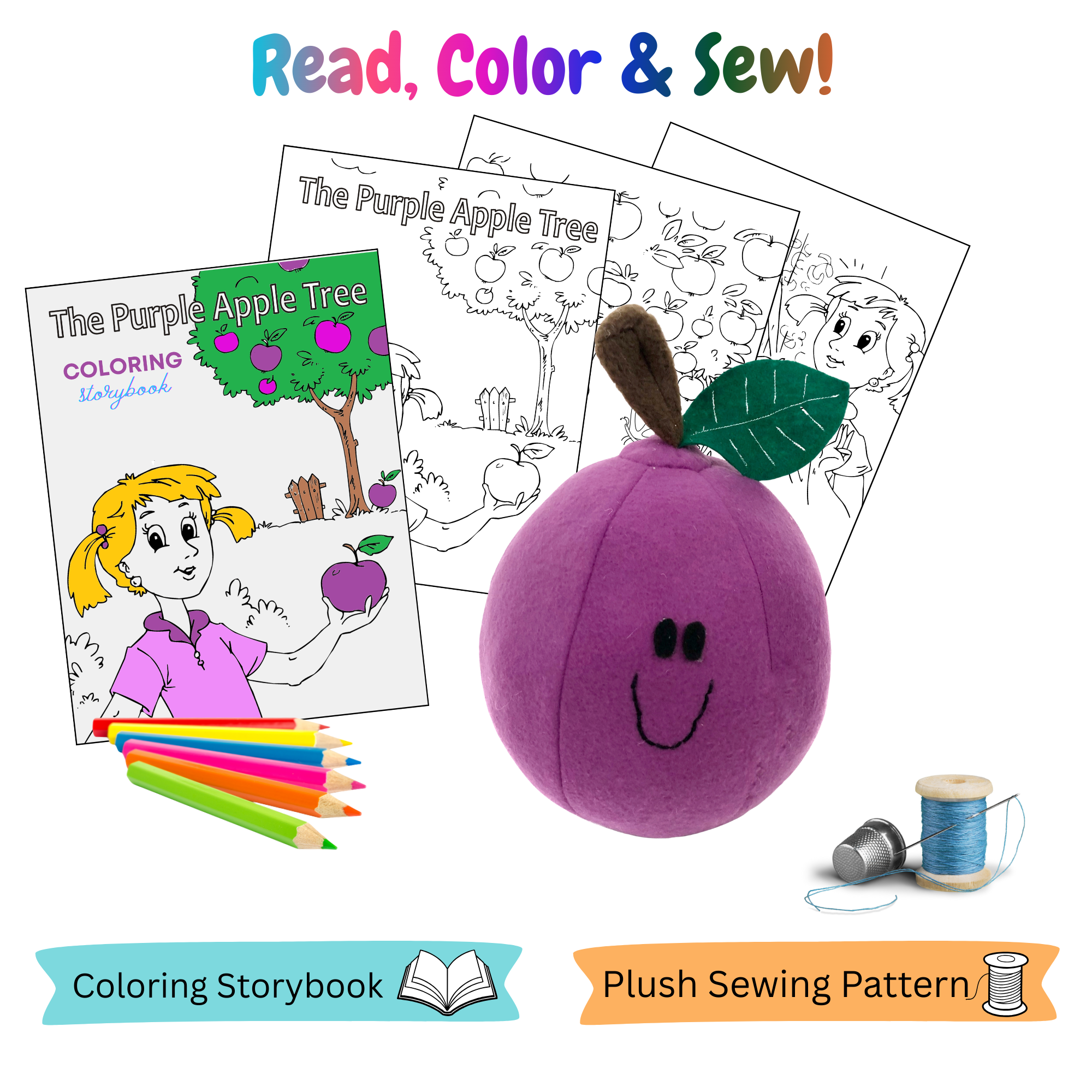 Plush Apple Sewing Pattern with Coloring Storybook