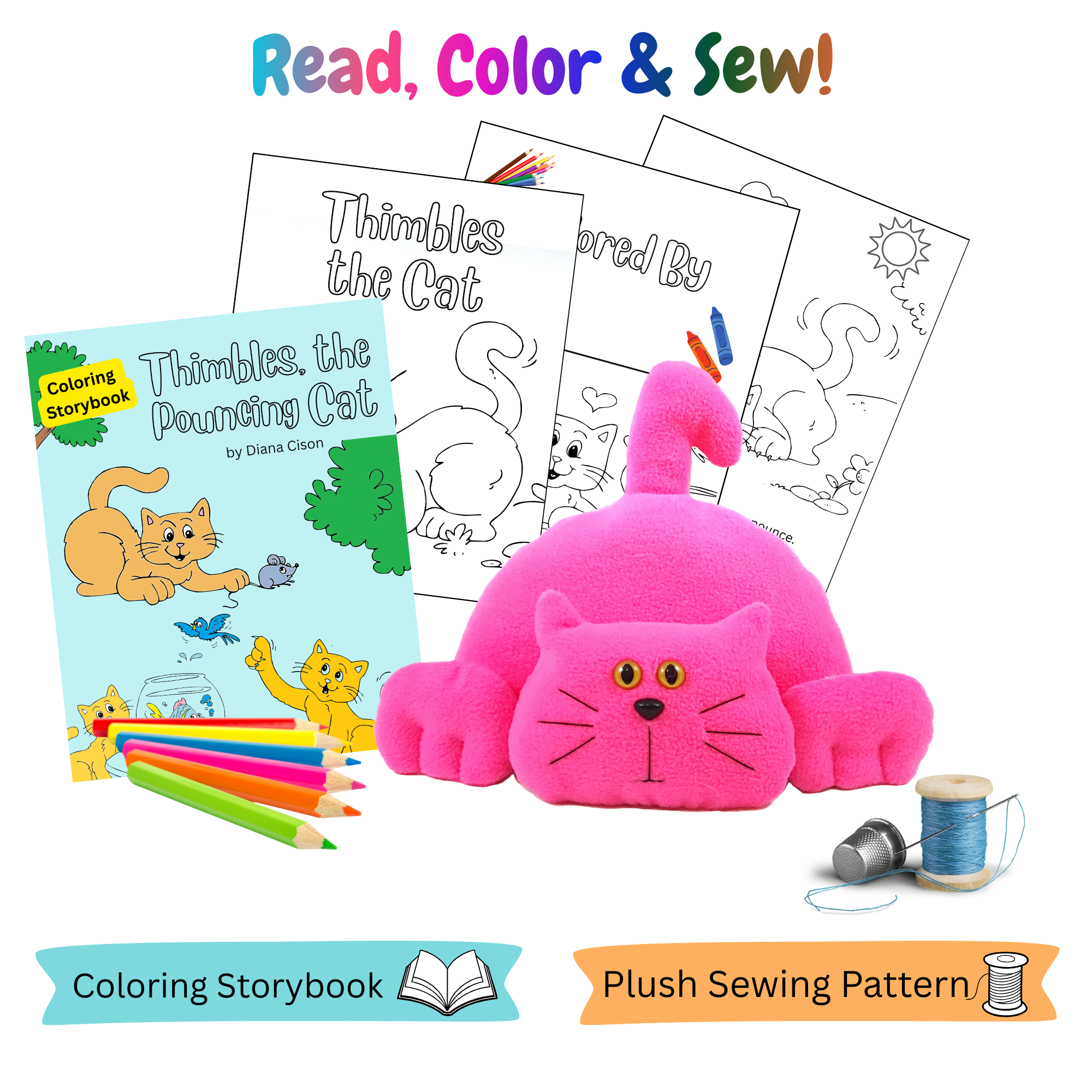 Pouncing Cat Sewing Pattern with Coloring Storybook