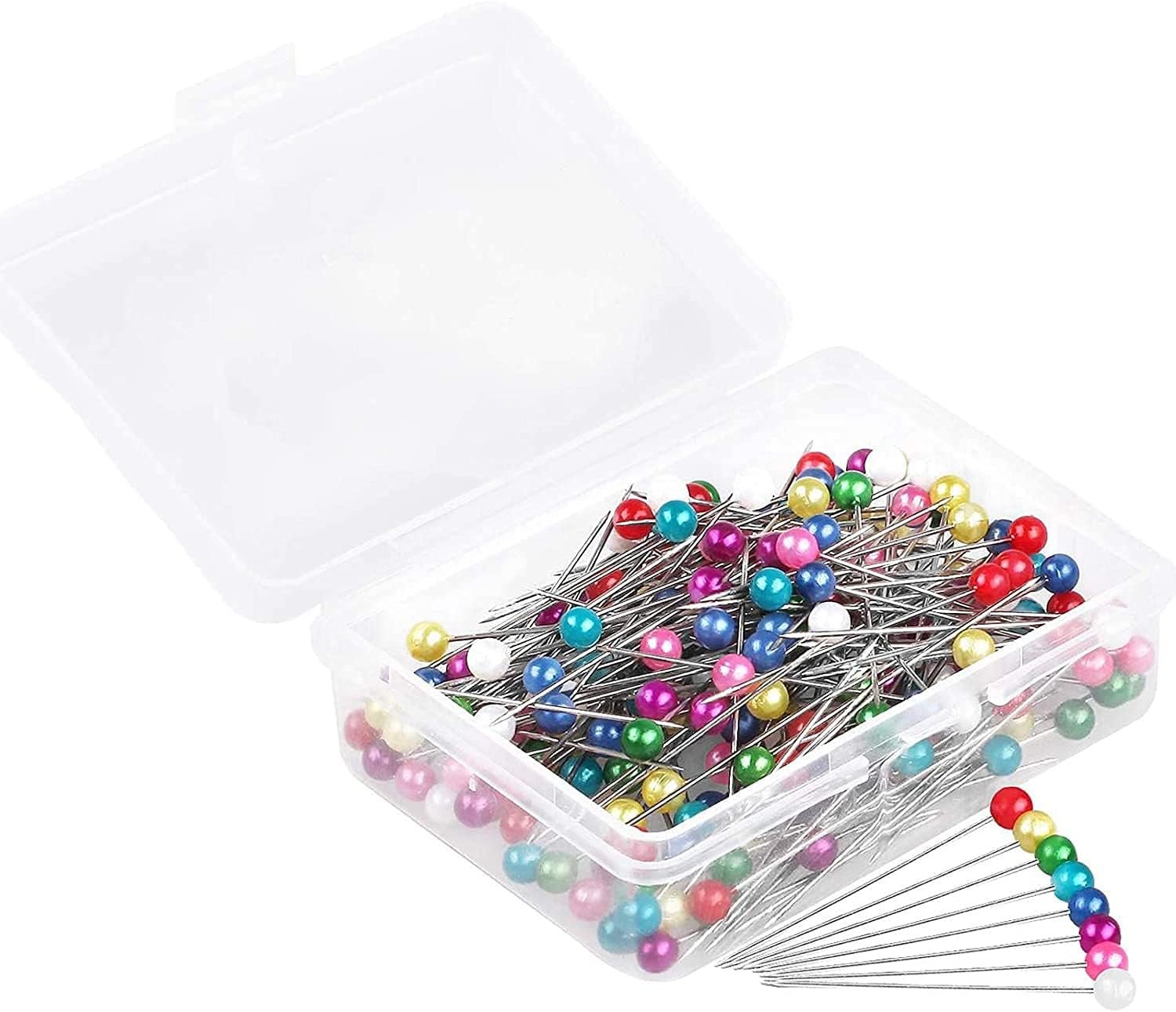 A clear plastic box filled with colorful sewing pins with round plastic heads in various colors including red, white, yellow, green, blue, pink, purple, and black.