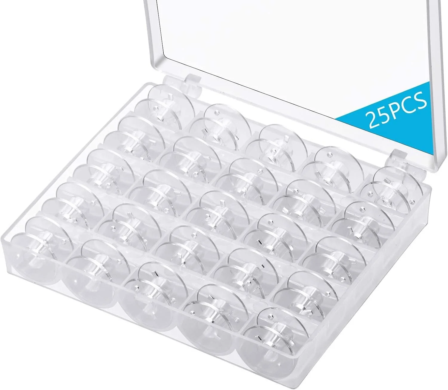 Clear plastic box with 25 compartments, each containing a pair of plastic ear covers or protectors.