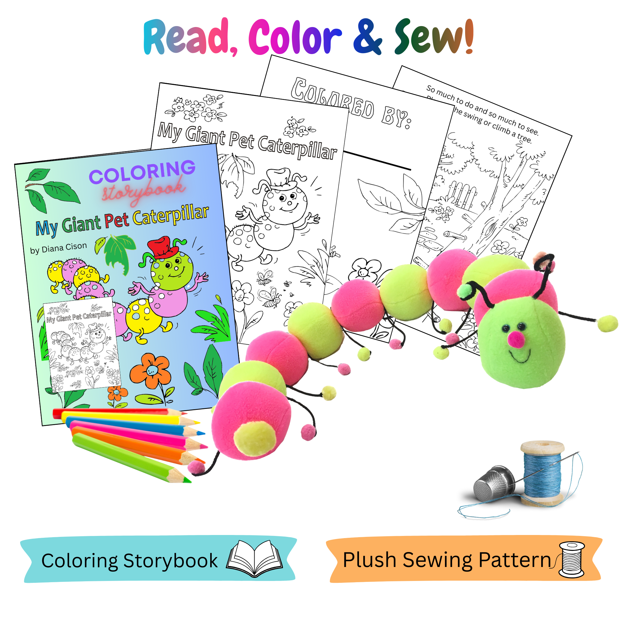 Caterpillar Sewing Pattern with Coloring Storybook
