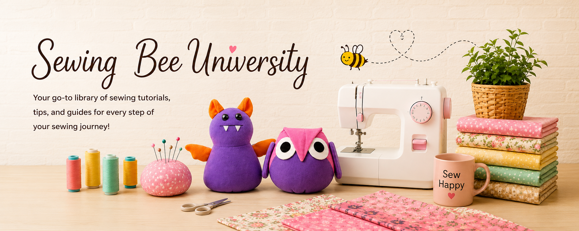 Sewing Bee University logo with sewing supplies, plush animals, a sewing machine, fabric stacks, a potted plant, and a mug on a wooden table.