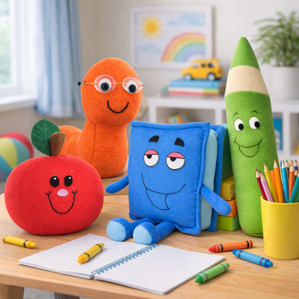 Plush bookworm, plush apple, plush book, plush colored pencil sitting on a desk