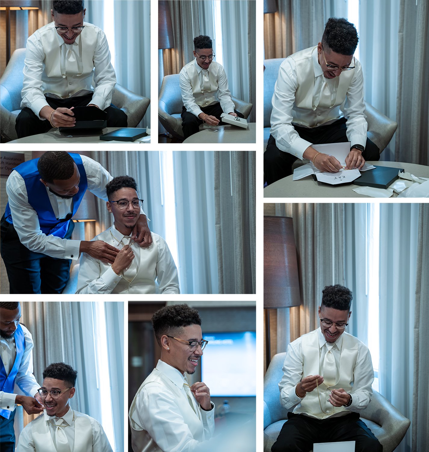 Groom opening a wedding present from his bride