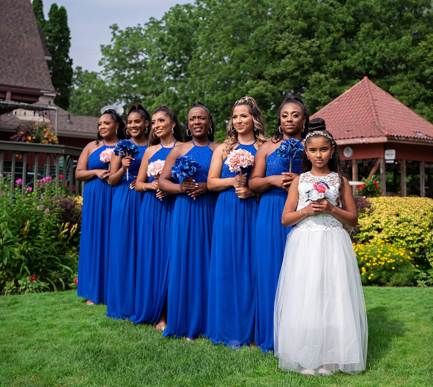 African American bridesmaids in blue dresses