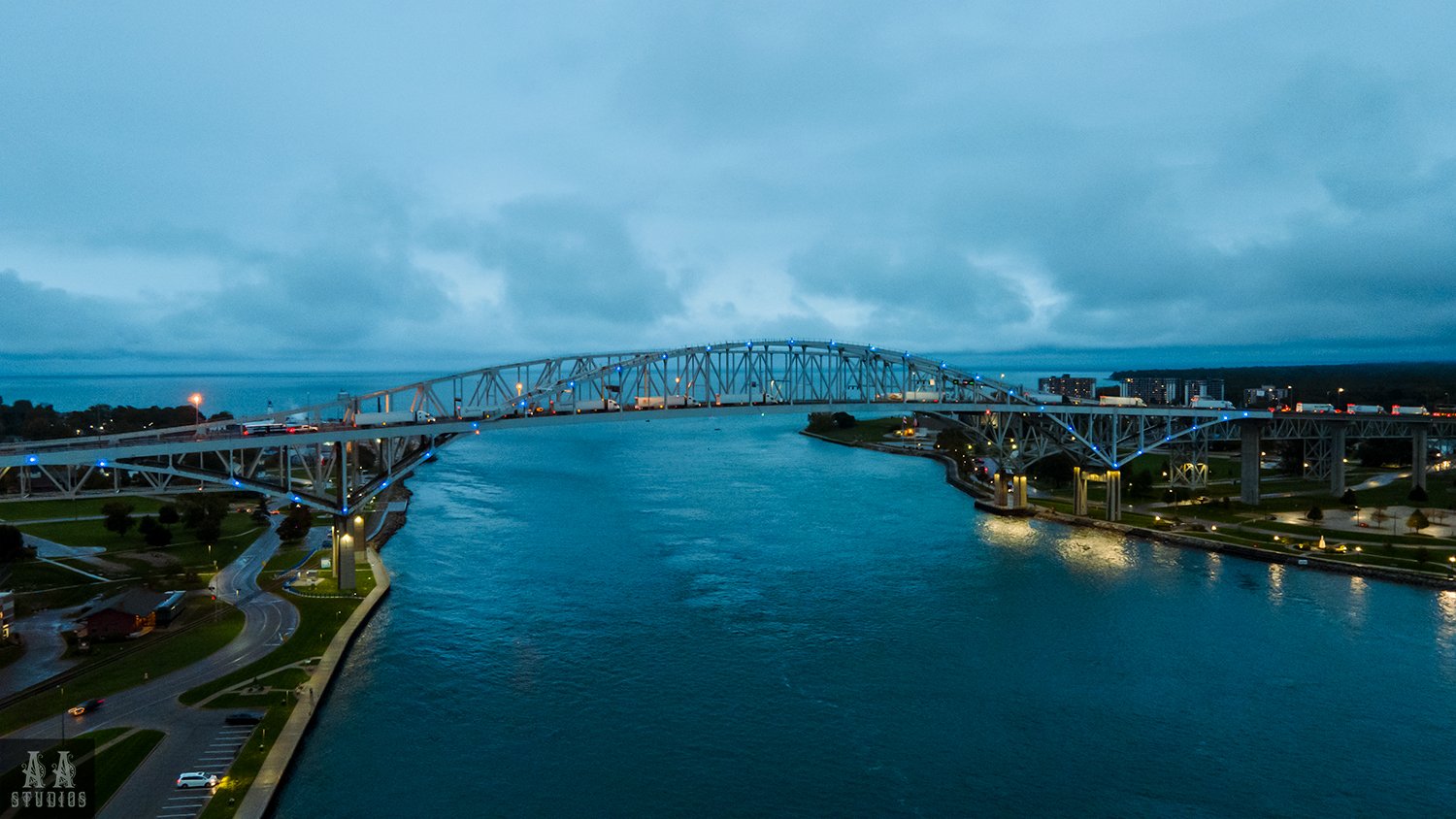 Drone photo of the Blue Water Bridge in Port Huron MI