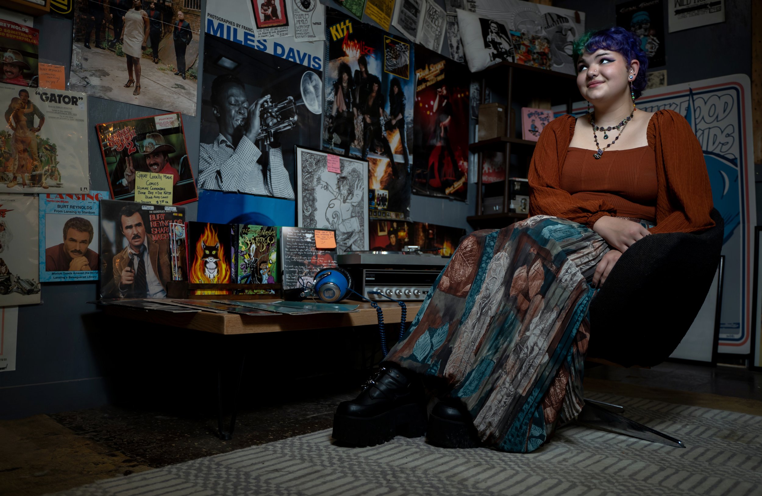 Nonbinary high school senior portraits in The Record Lounge Reo Town Lansing MI