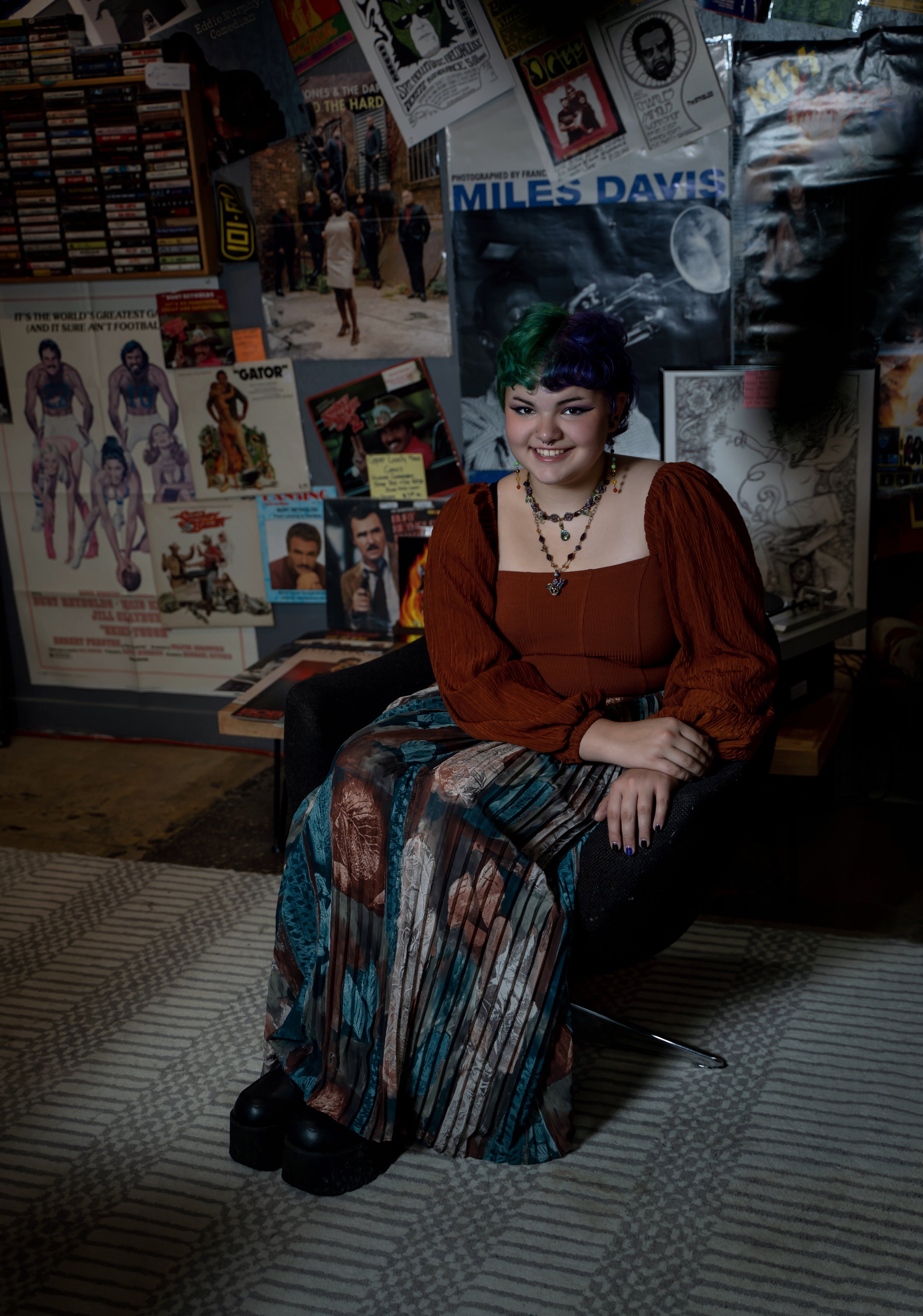 Nonbinary high school senior portraits in The Record Lounge Reo Town Lansing MI