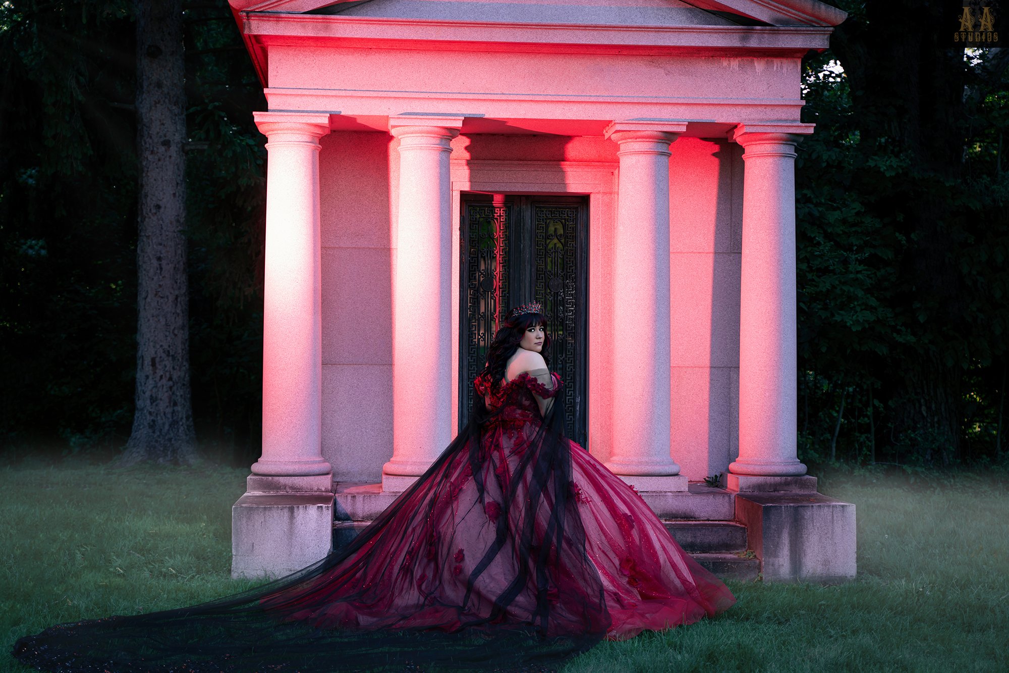 Red dress and black veil Cemetery Quinceanera Photo session in Michigan