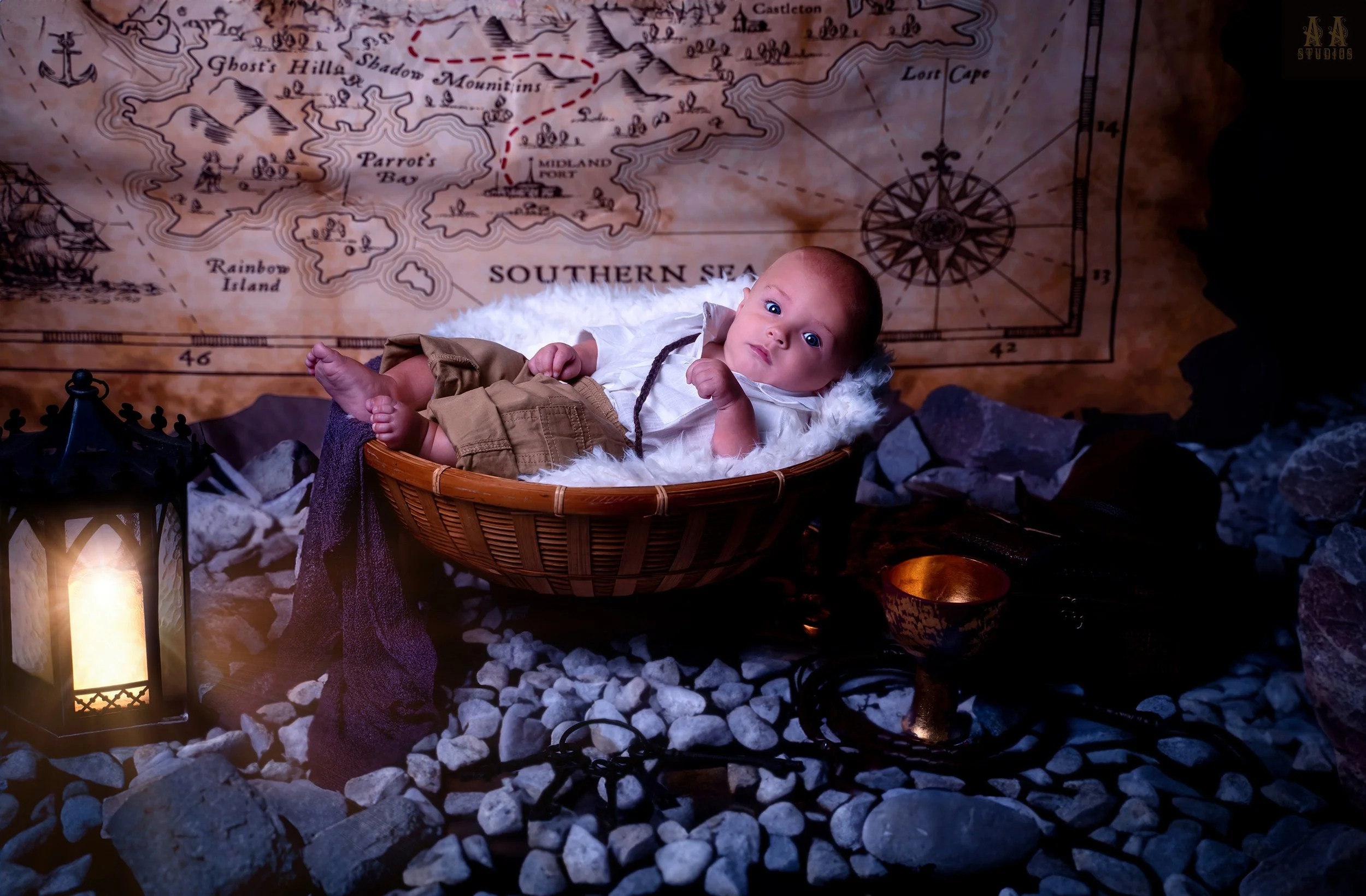 Indiana Jones inspired baby photos - Professional Creative Fantasy baby Portraits in Kalamazoo Michigan by AA Studios LLC