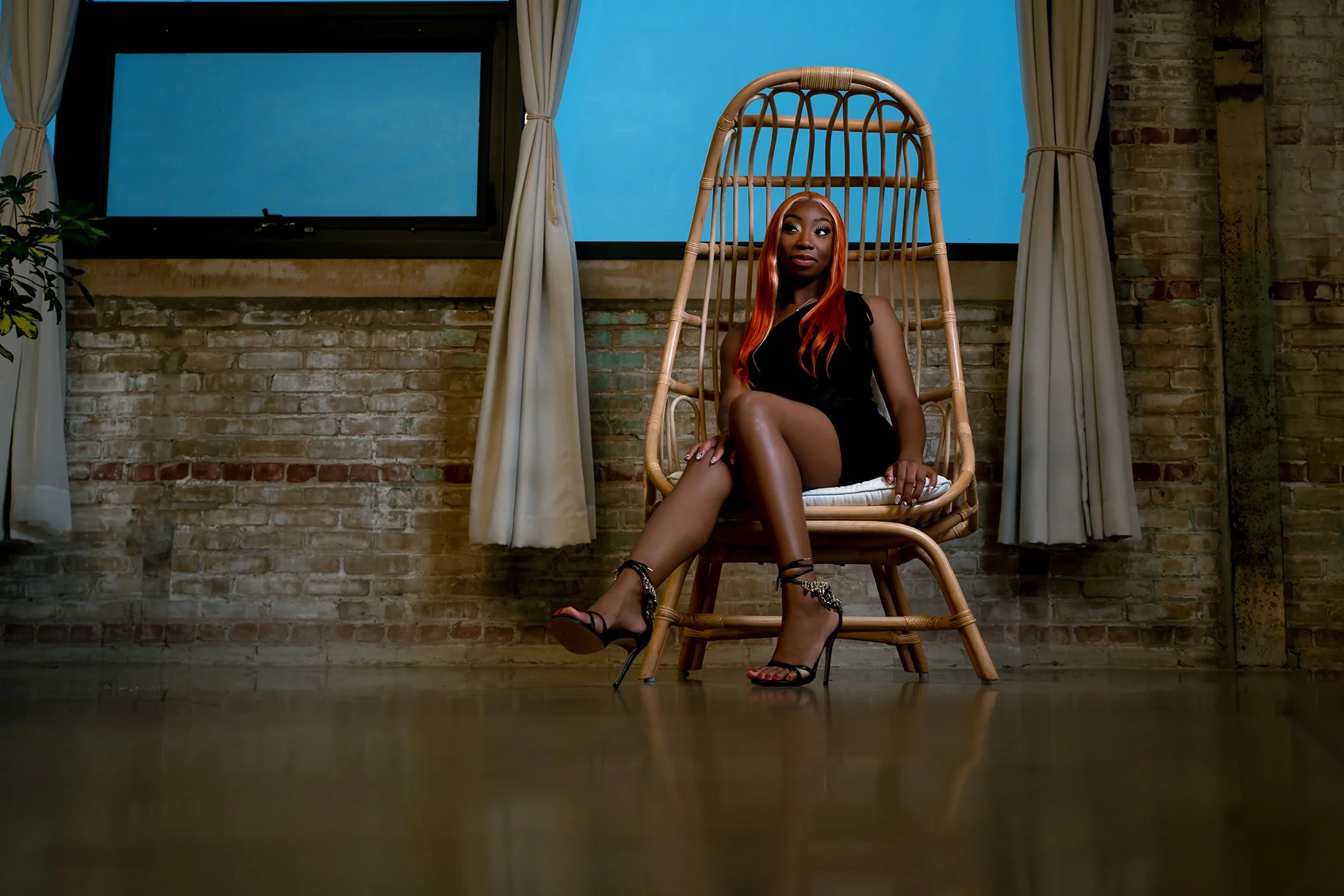 Lansing studio Highschool Senior photo of a beautiful black girl with orange hair